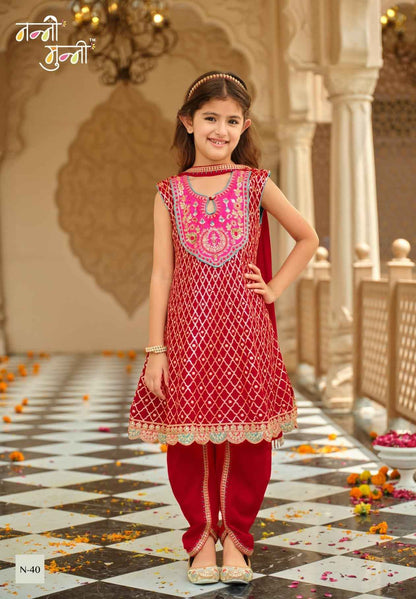 Pink Pure Chinon With Embroidery Work Girls Kids Chudidar