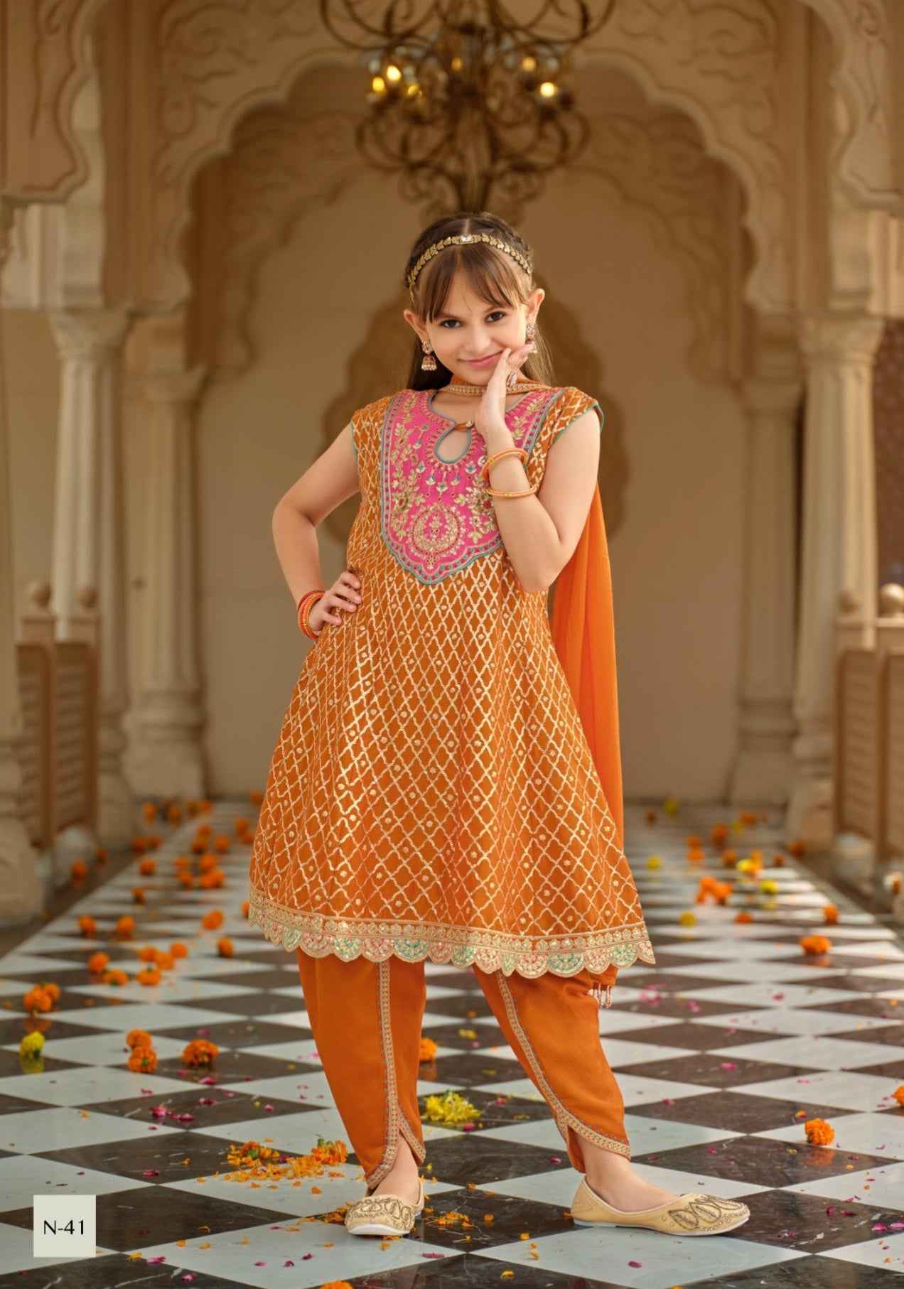 Orange Pure Chinon With Embroidery Work Girls Kids Chudidar