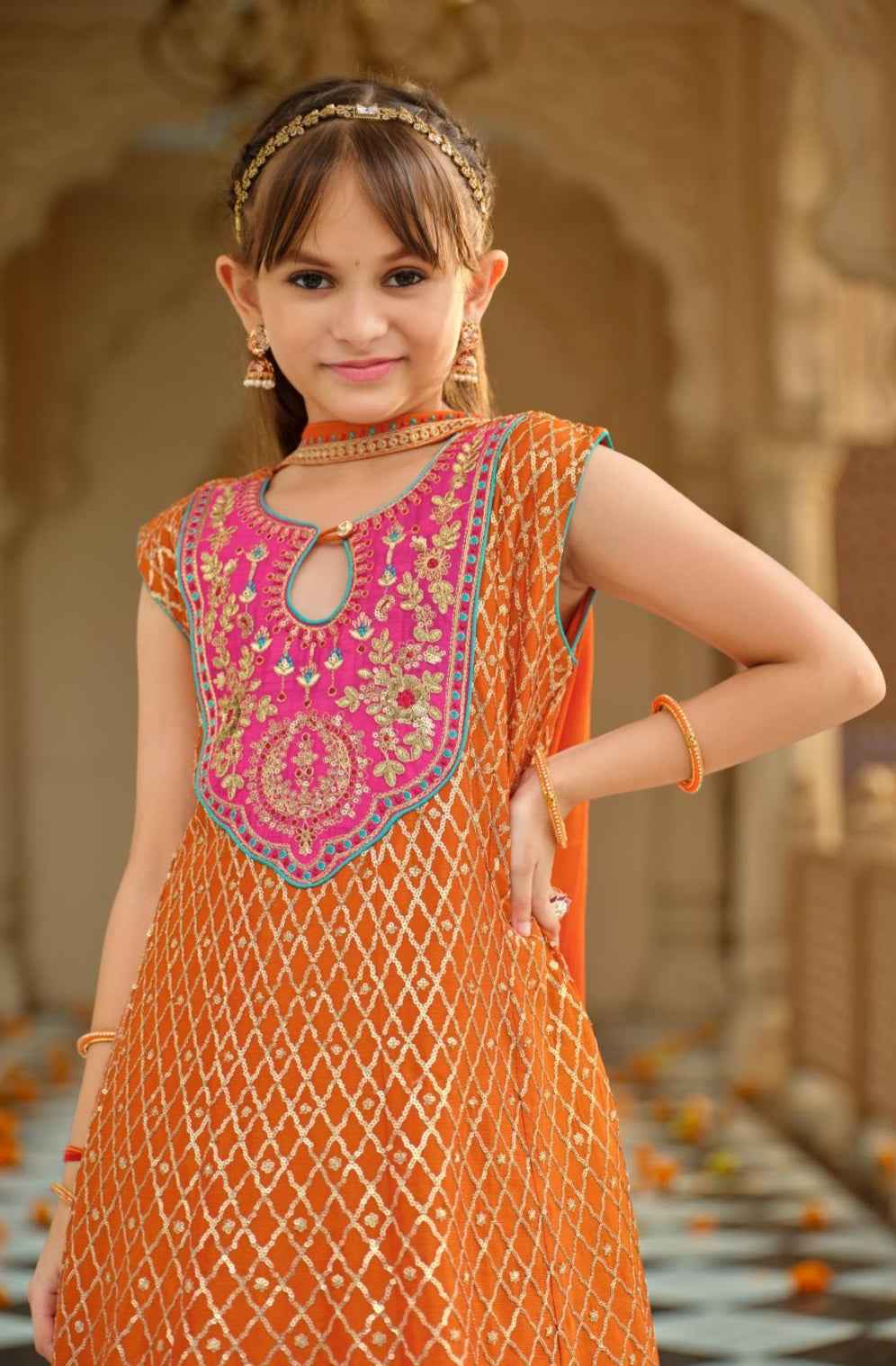 Orange Pure Chinon With Embroidery Work Girls Kids Chudidar
