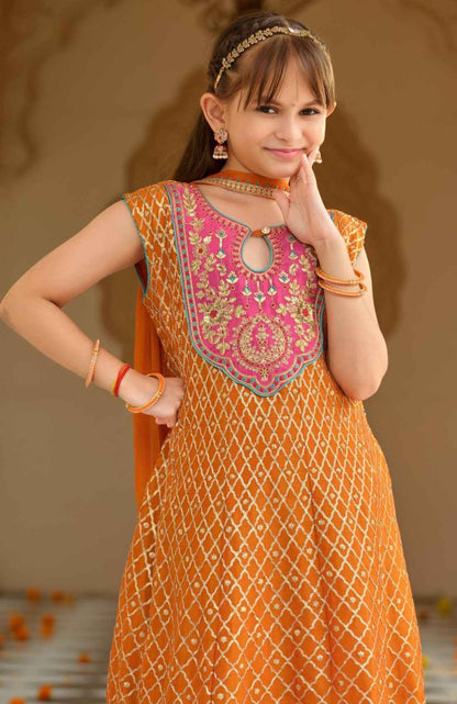 Orange Pure Chinon With Embroidery Work Girls Kids Chudidar