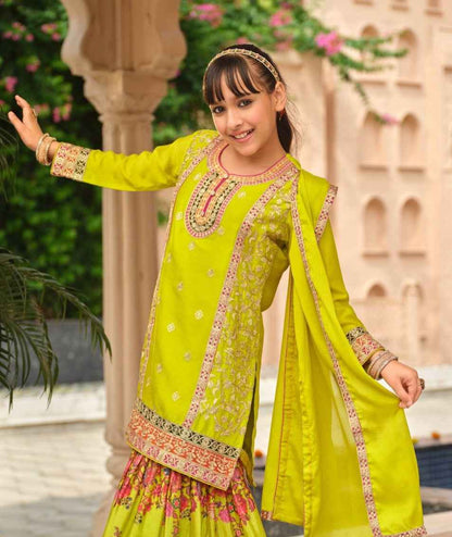 Lemon Pure Chinon With Embroidery Work Girls Kids Chudidar