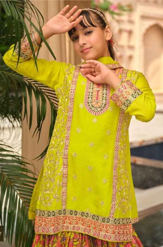 Lemon Pure Chinon With Embroidery Work Girls Kids Chudidar