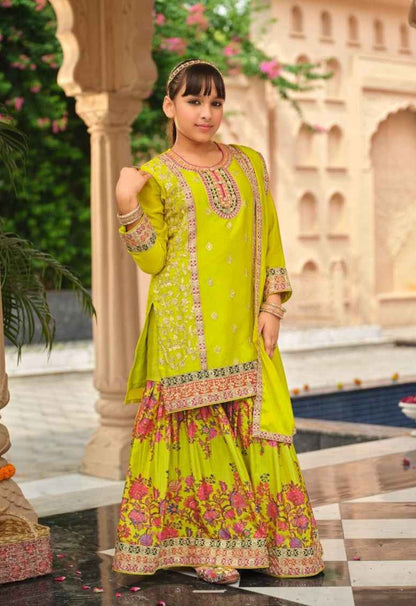 Lemon Pure Chinon With Embroidery Work Girls Kids Chudidar