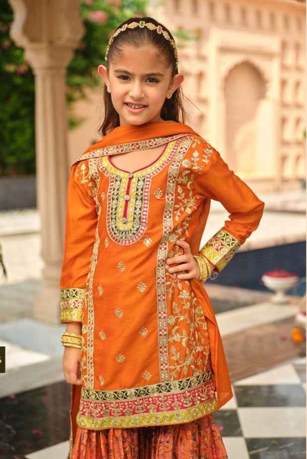 Orange Pure Chinon With Embroidery Work Girls Kids Chudidar