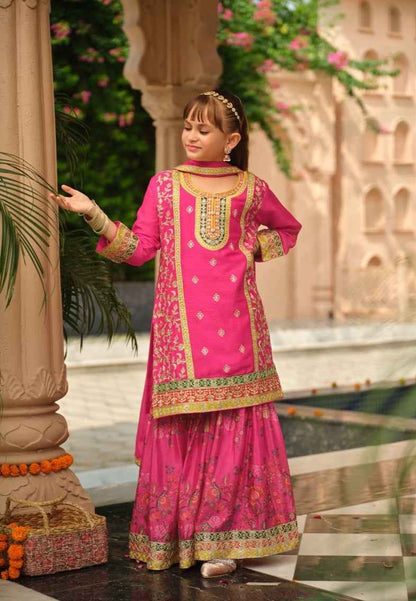 Pink Pure Chinon With Embroidery Work Girls Kids Chudidar