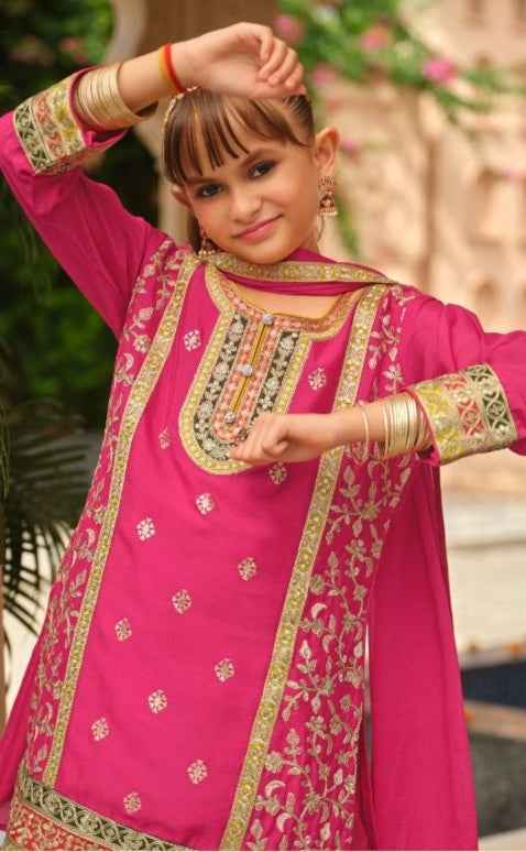 Pink Pure Chinon With Embroidery Work Girls Kids Chudidar
