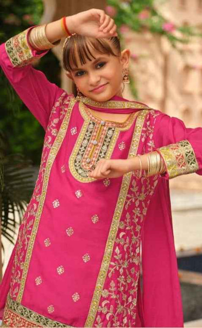 Pink Pure Chinon With Embroidery Work Girls Kids Chudidar