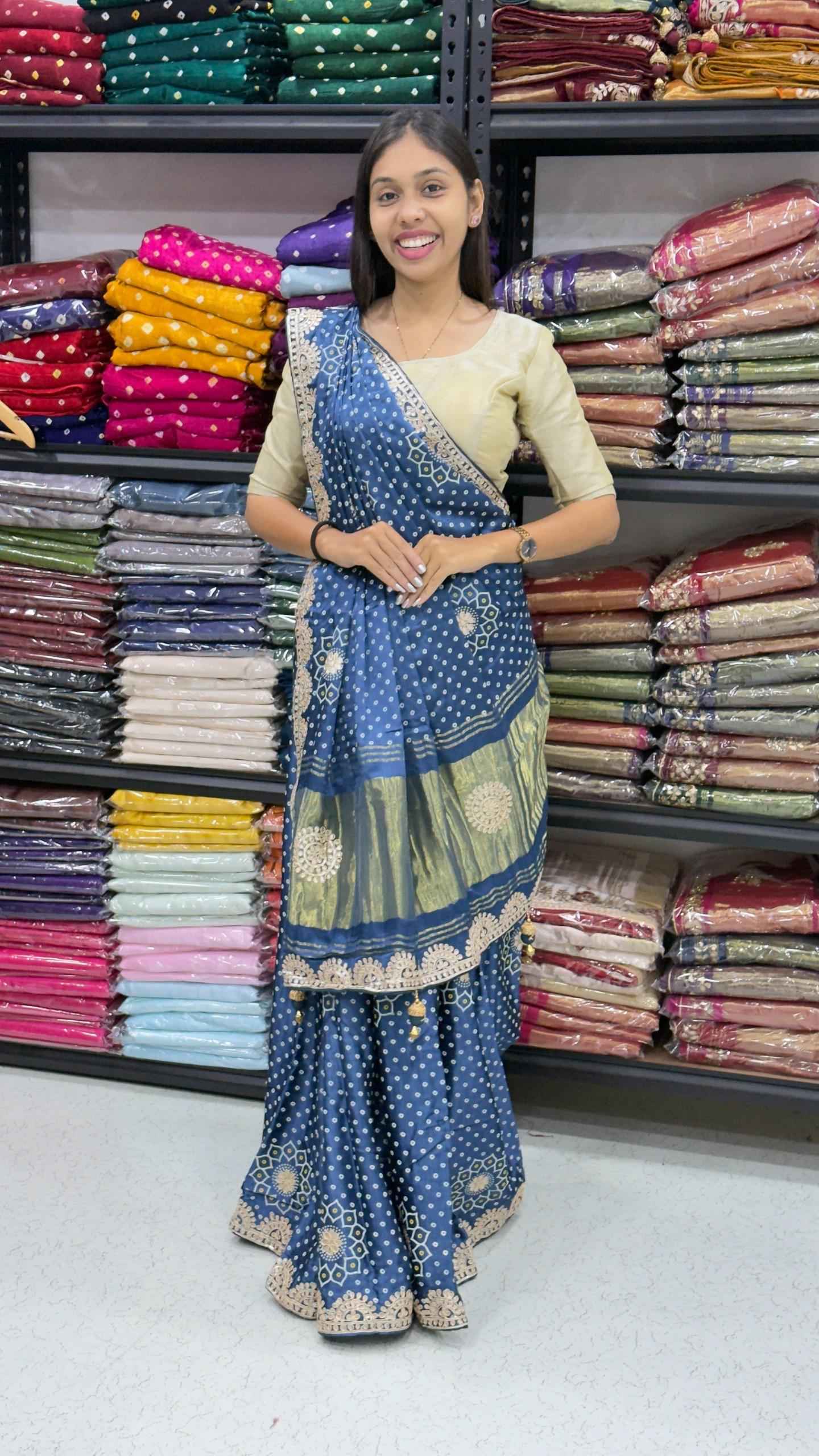 Blue Pure Soft Gaji Silk Original Bandhani With Langdi Gota Pati Work Bandhani Saree