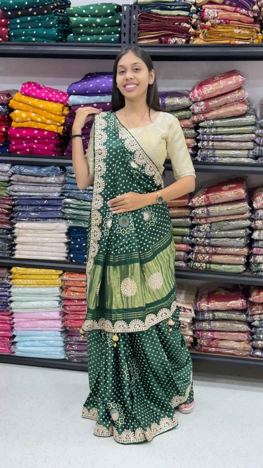 Green Pure Soft Gaji Silk Original Bandhani With Langdi Gota Pati Work Bandhani Saree