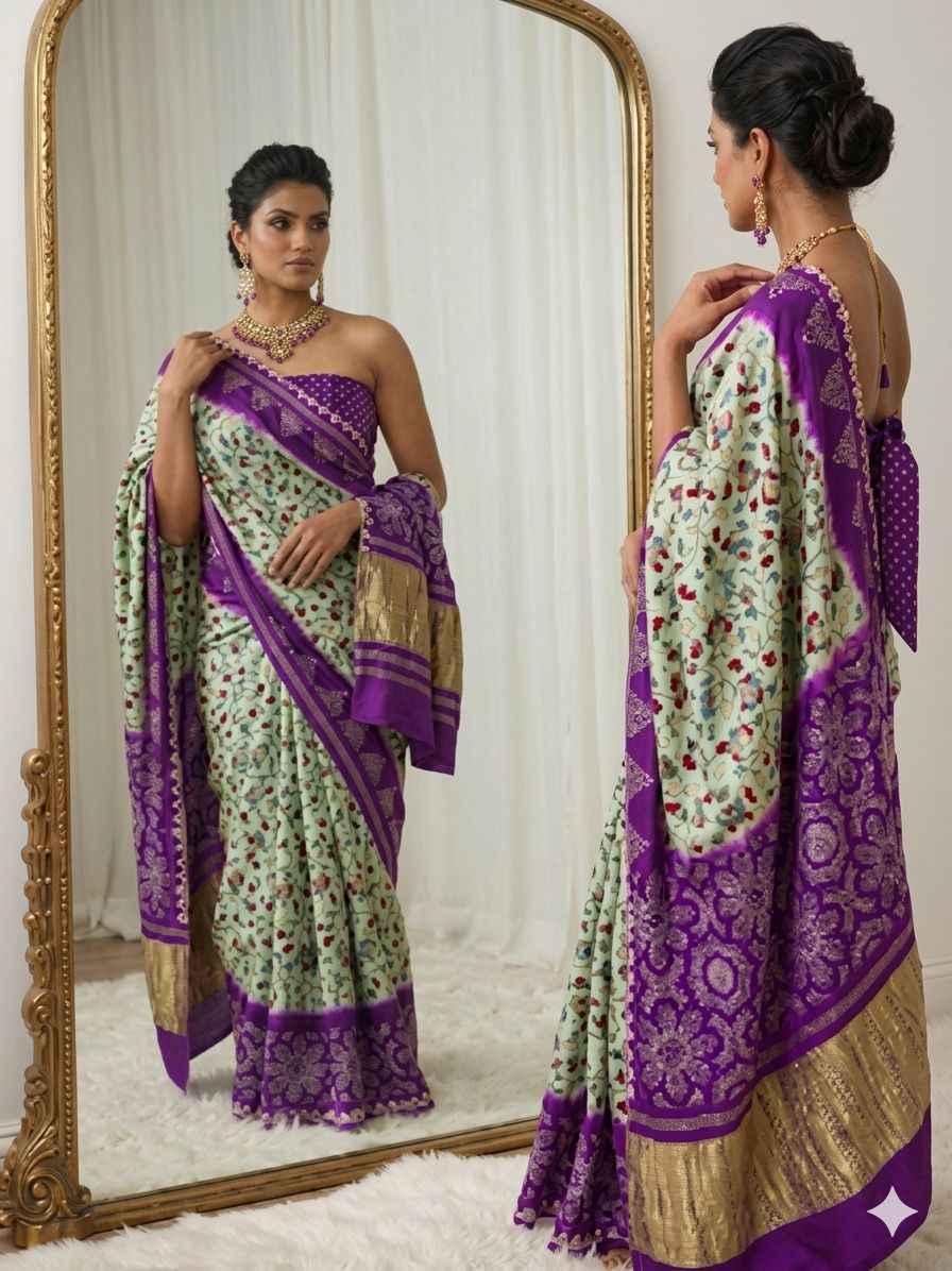 Purple Pure Soft Gaji Silk Original Bandhani With Langdi Gota Pati Work Bandhani Saree