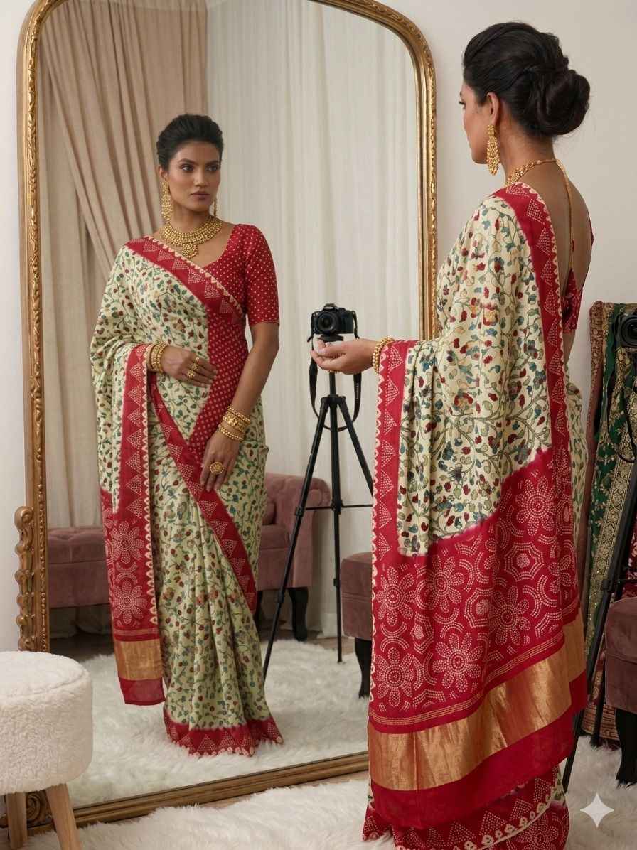 Cream Pure Soft Gaji Silk Original Bandhani With Langdi Gota Pati Work Bandhani Saree