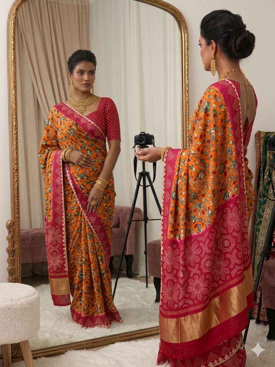 Orange Pure Soft Gaji Silk Original Bandhani With Langdi Gota Pati Work Bandhani Saree