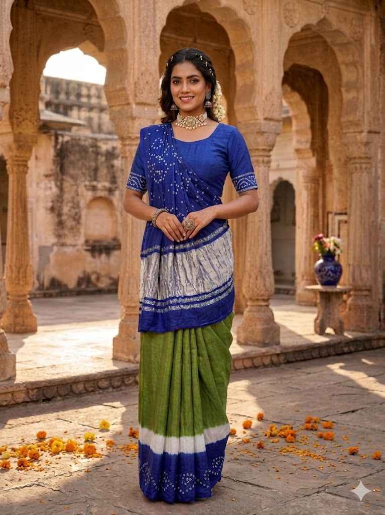 Green &amp; Blue Pure Soft Gaji Silk Original Bandhani With Langdi Patta Bandhani Saree