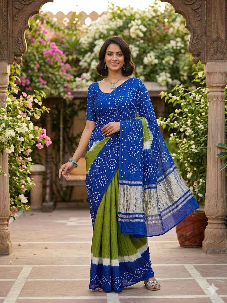 Green &amp; Blue Pure Soft Gaji Silk Original Bandhani With Langdi Patta Bandhani Saree