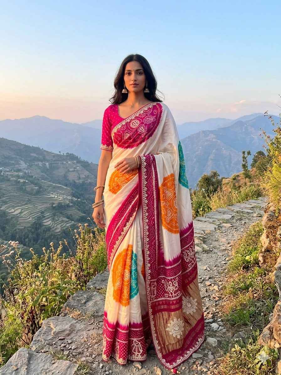 Multicolour Pure Soft Gaji Silk Original Bandhani With Langdi Gota Pati Work Bandhani Saree