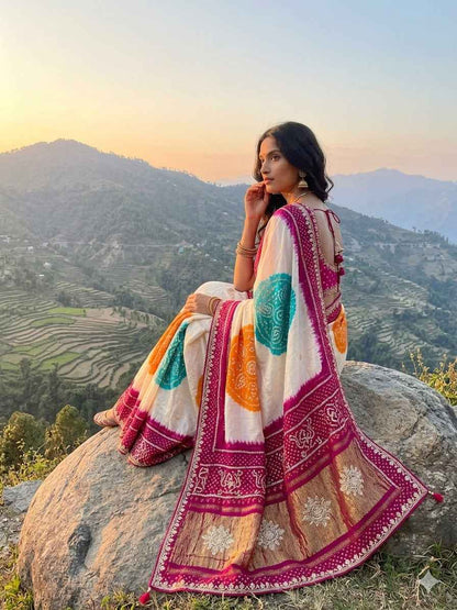 Multicolour Pure Soft Gaji Silk Original Bandhani With Langdi Gota Pati Work Bandhani Saree