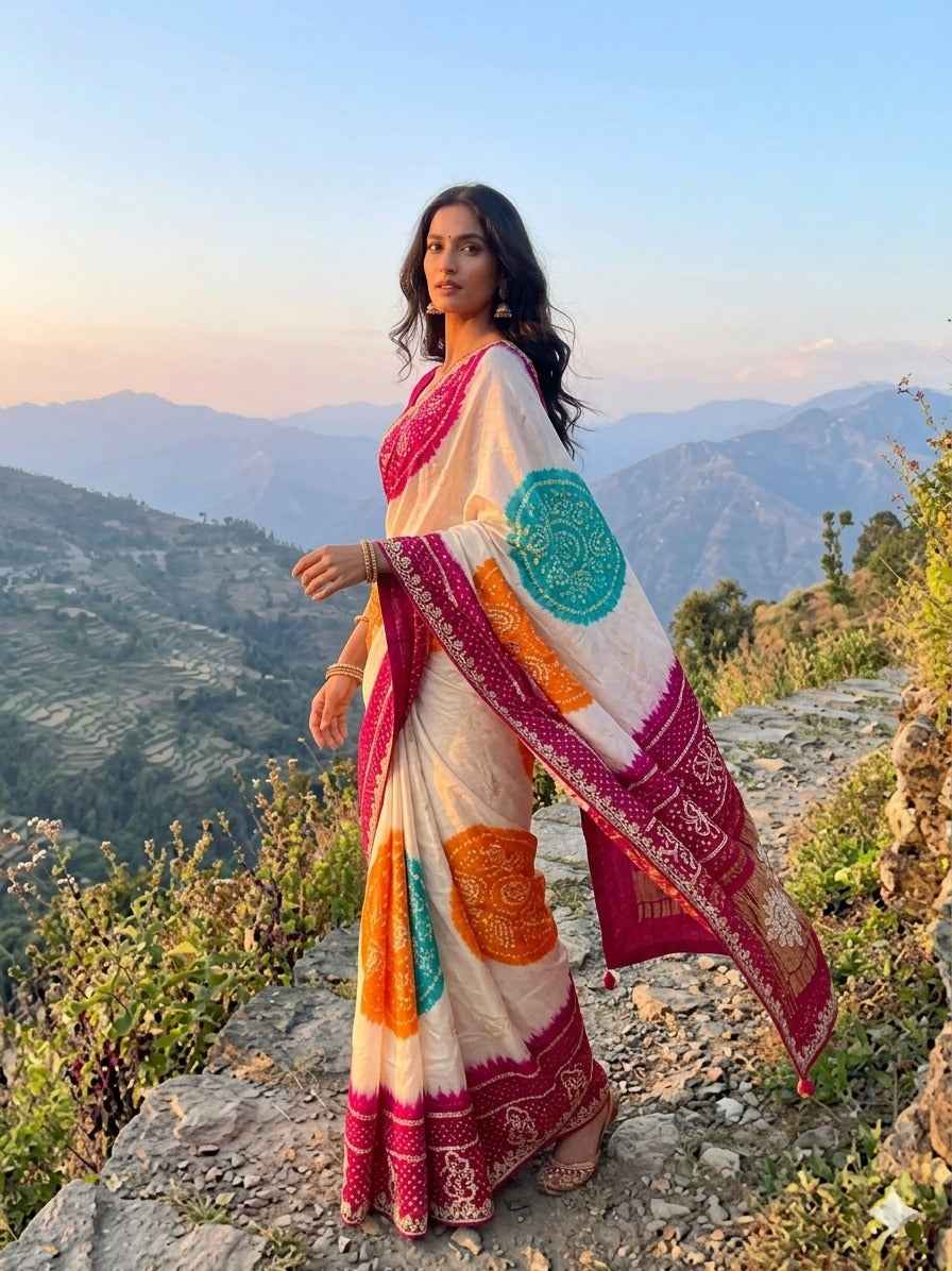 Multicolour Pure Soft Gaji Silk Original Bandhani With Langdi Gota Pati Work Bandhani Saree