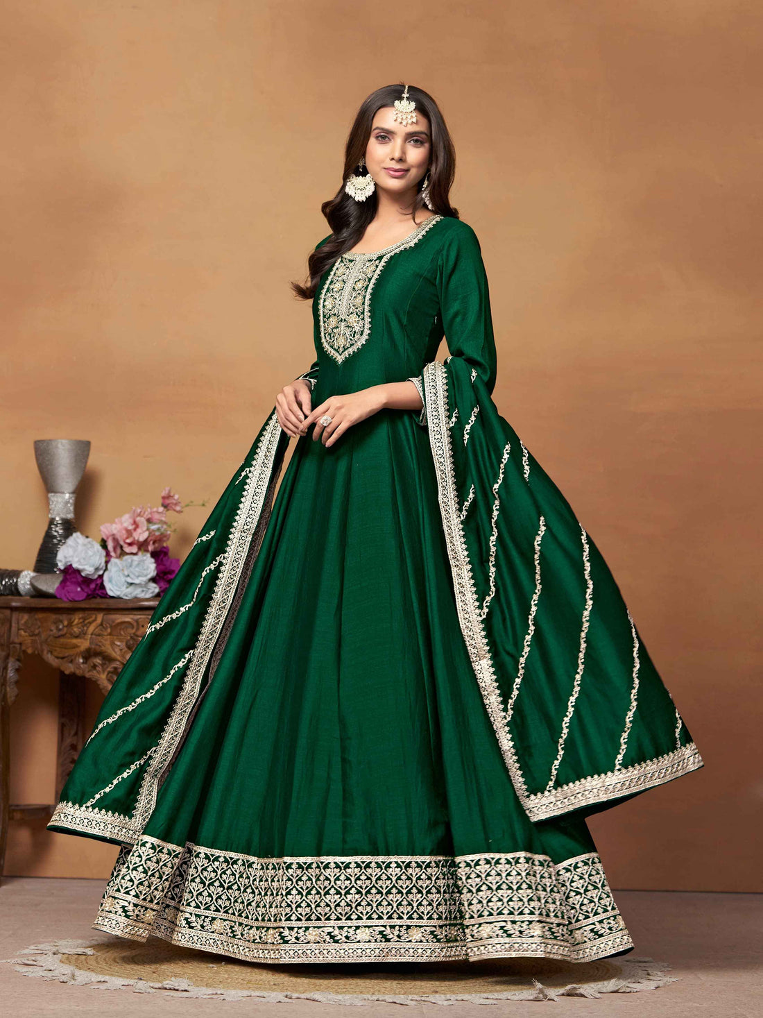 Emerald Green Art Silk Anarkali Gown Set with Heavy Embroidery