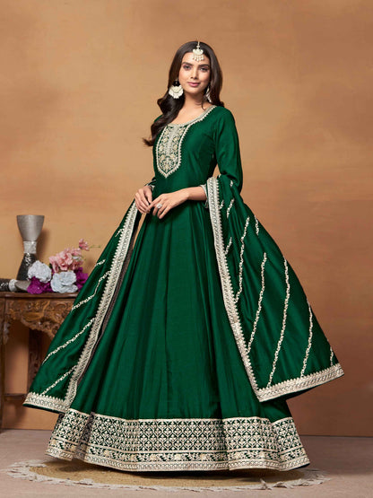 Emerald Green Art Silk Anarkali Gown Set with Heavy Embroidery