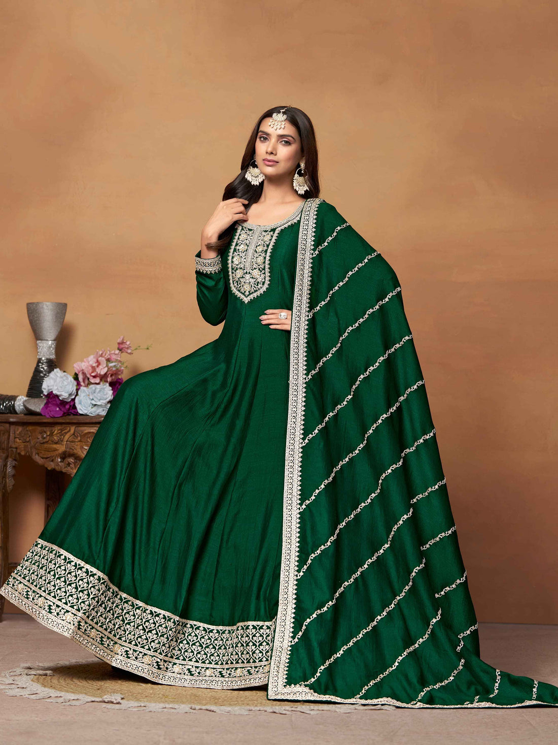 Emerald Green Art Silk Anarkali Gown Set with Heavy Embroidery