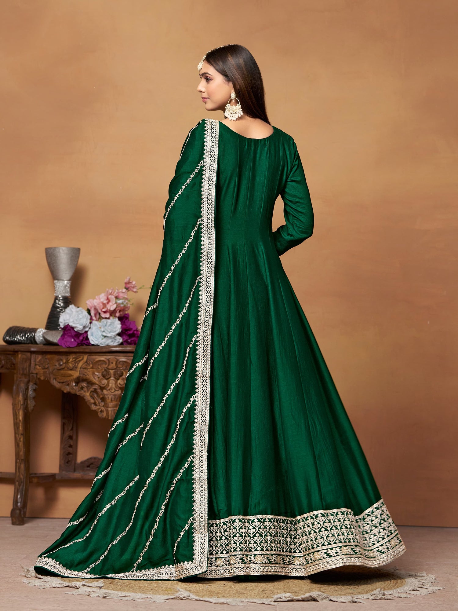 Emerald Green Art Silk Anarkali Gown Set with Heavy Embroidery