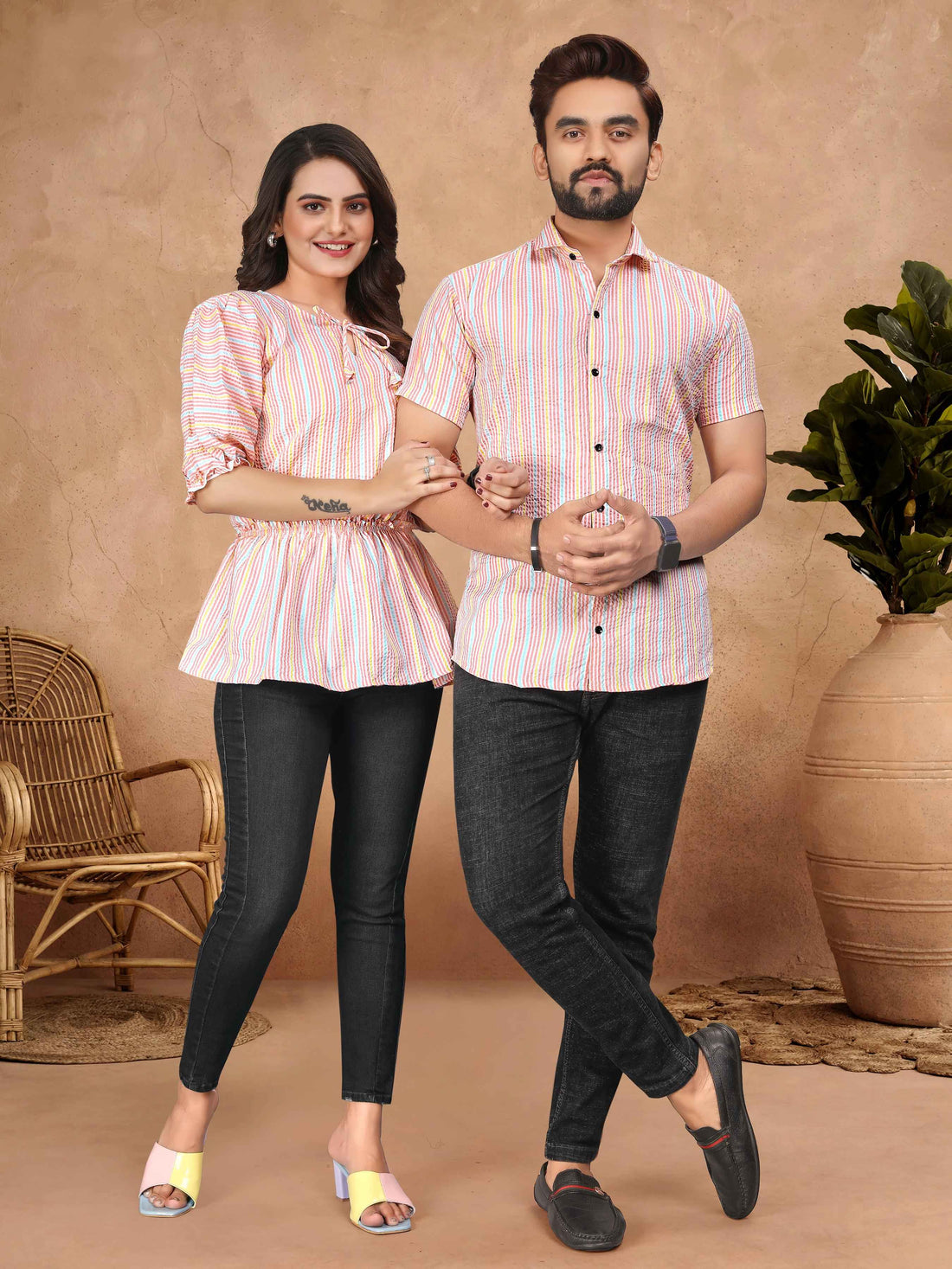Pink Pure Soft Cotton Printed Shirt &amp; Tunic Matching Both Couple Combo