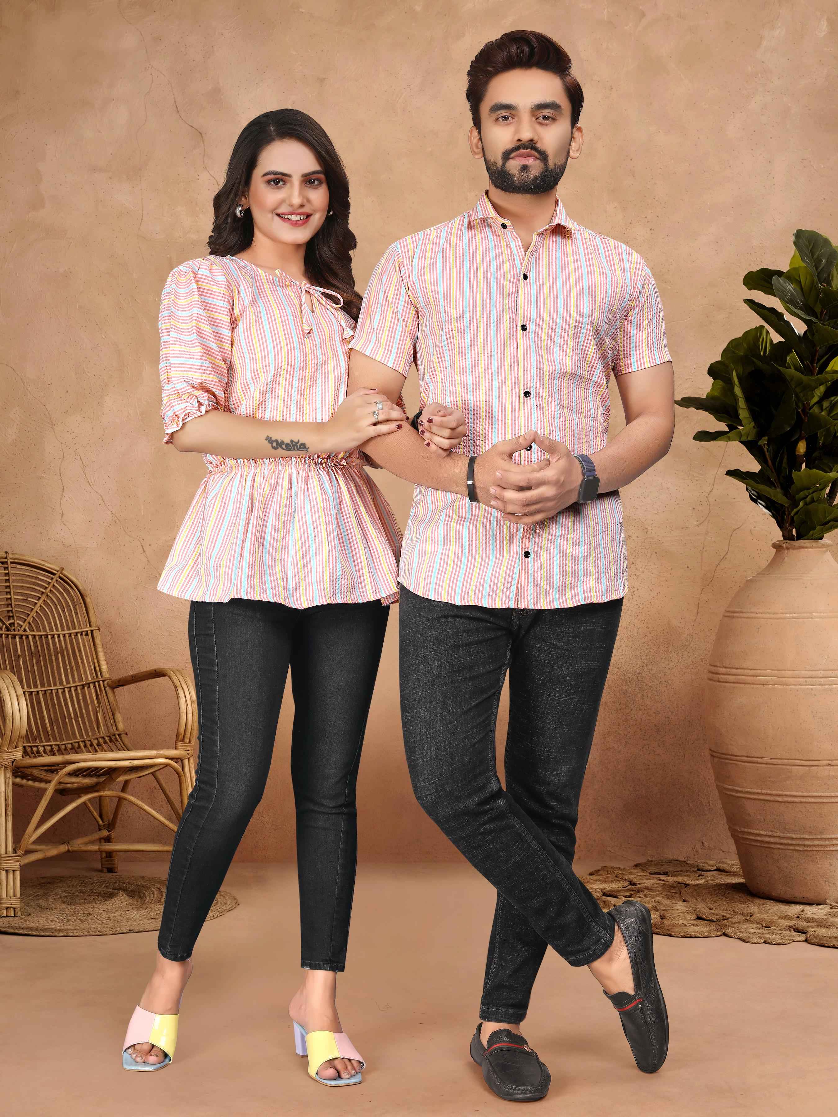 Pink Pure Soft Cotton Printed Shirt &amp; Tunic Matching Both Couple Combo