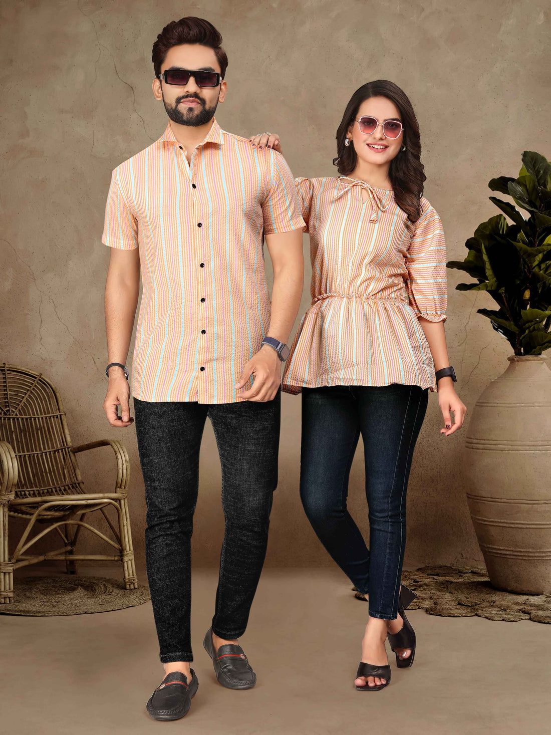 Orange Pure Soft Cotton Printed Shirt &amp; Tunic Matching Both Couple Combo