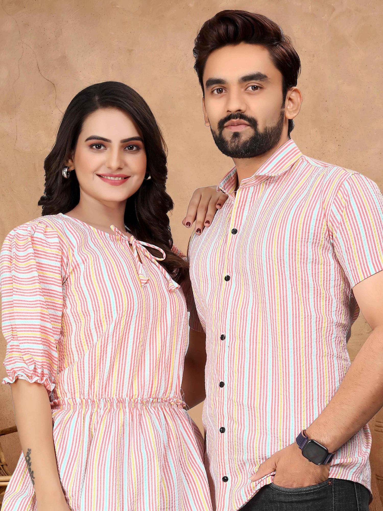 Pink Pure Soft Cotton Printed Shirt &amp; Tunic Matching Both Couple Combo