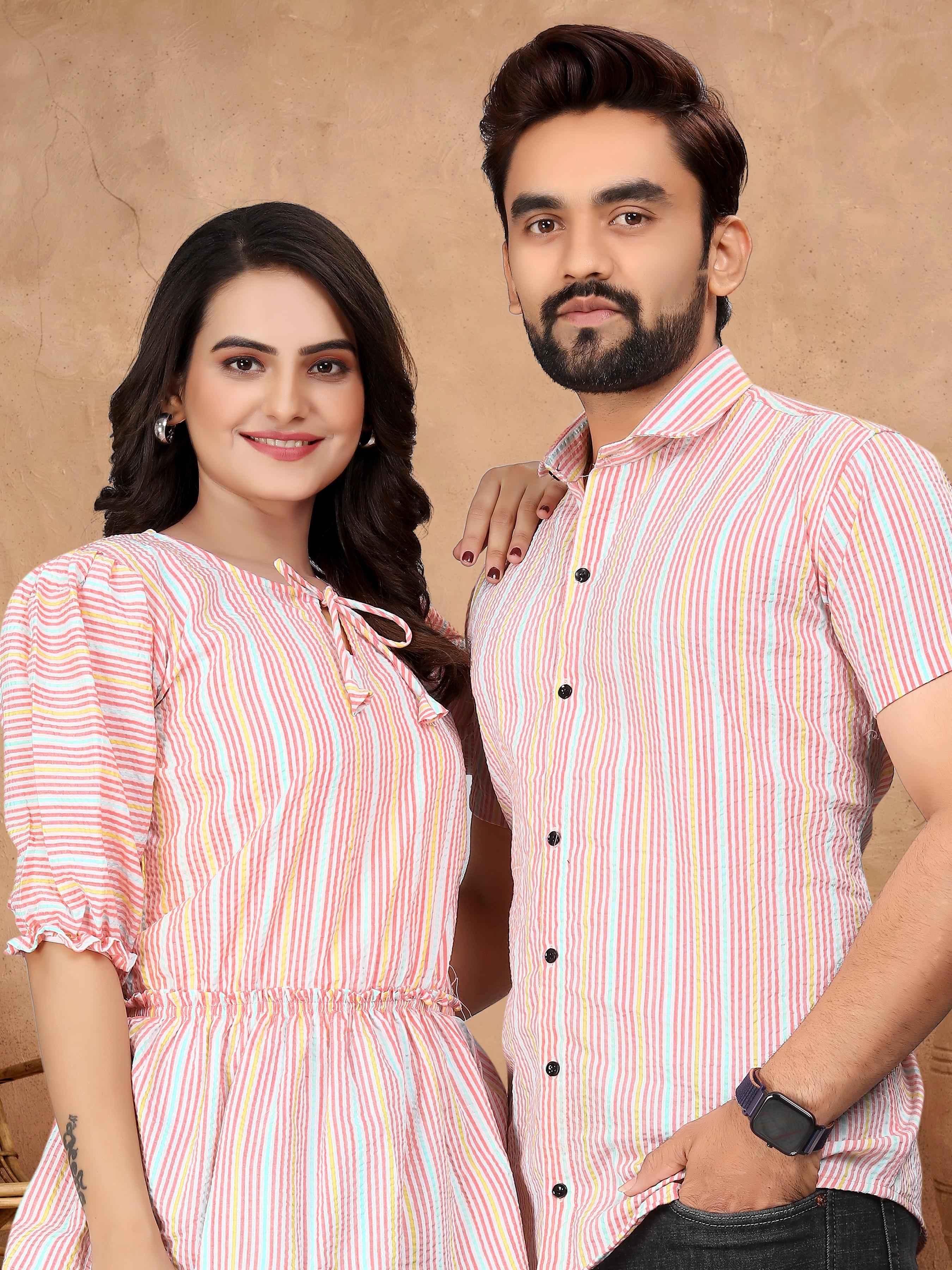 Pink Pure Soft Cotton Printed Shirt &amp; Tunic Matching Both Couple Combo