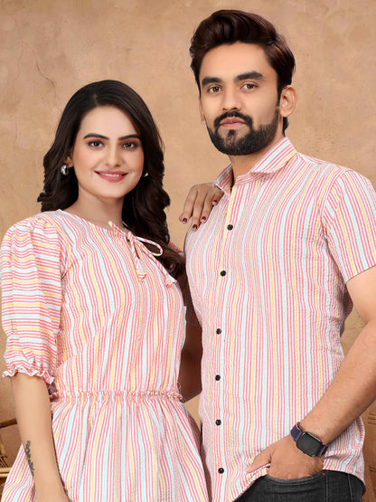Pink Pure Soft Cotton Printed Shirt &amp; Tunic Matching Both Couple Combo