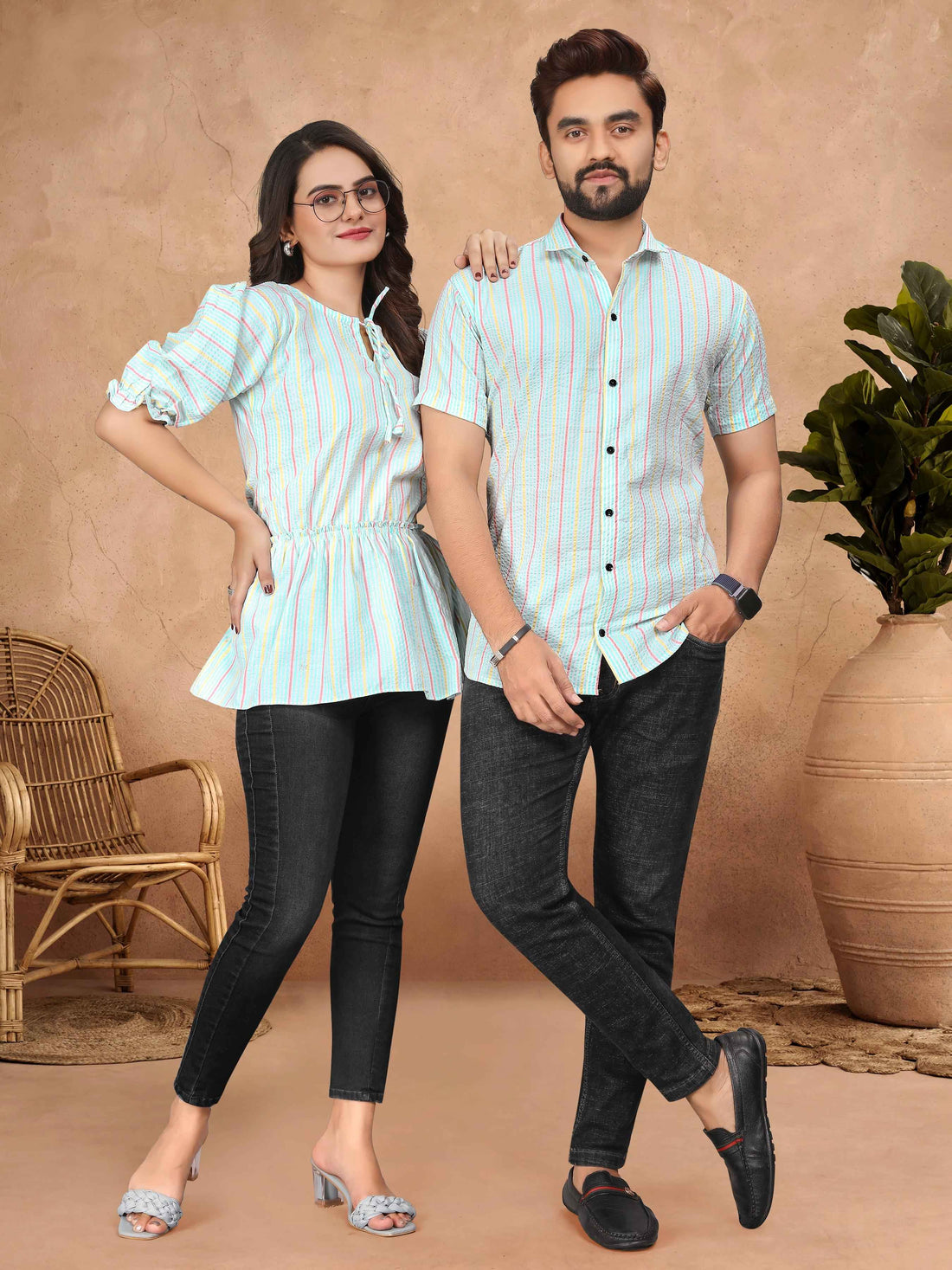 Sky Pure Soft Cotton Printed Shirt &amp; Tunic Matching Both Couple Combo