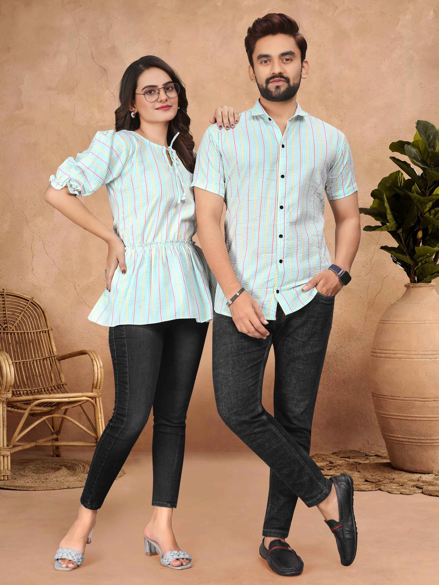 Sky Pure Soft Cotton Printed Shirt &amp; Tunic Matching Both Couple Combo