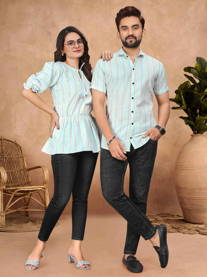 Sky Pure Soft Cotton Printed Shirt &amp; Tunic Matching Both Couple Combo