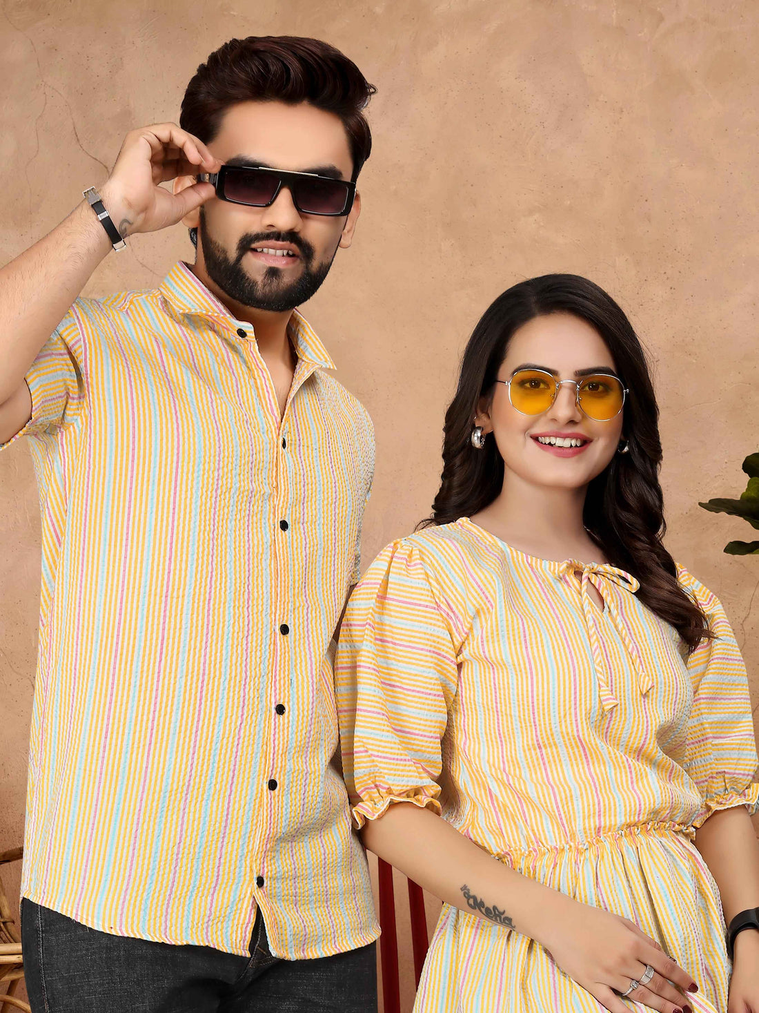 Yellow Pure Soft Cotton Printed Shirt &amp; Tunic Matching Both Couple Combo