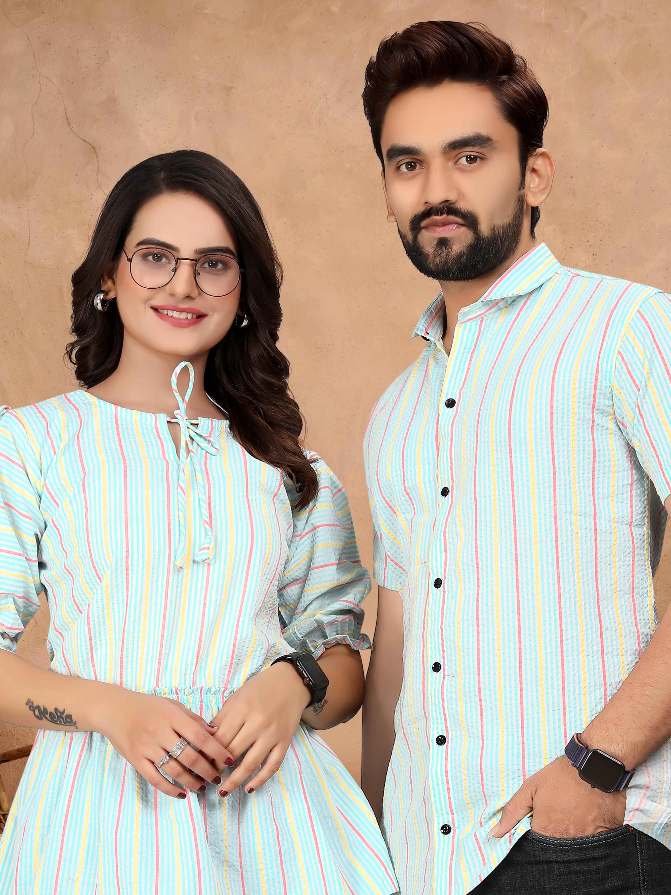 Sky Pure Soft Cotton Printed Shirt &amp; Tunic Matching Both Couple Combo