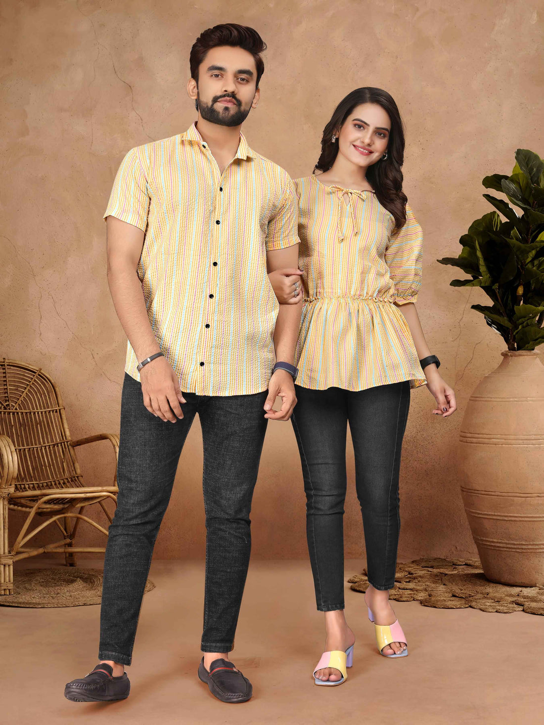 Yellow Pure Soft Cotton Printed Shirt &amp; Tunic Matching Both Couple Combo