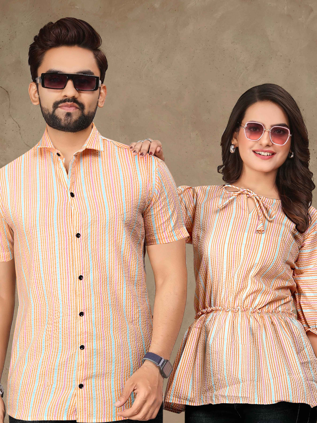 Orange Pure Soft Cotton Printed Shirt &amp; Tunic Matching Both Couple Combo