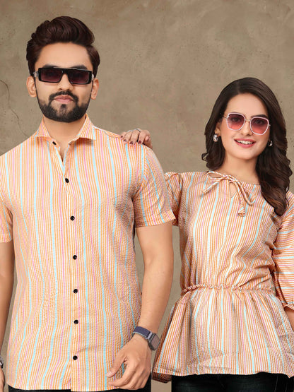 Orange Pure Soft Cotton Printed Shirt &amp; Tunic Matching Both Couple Combo