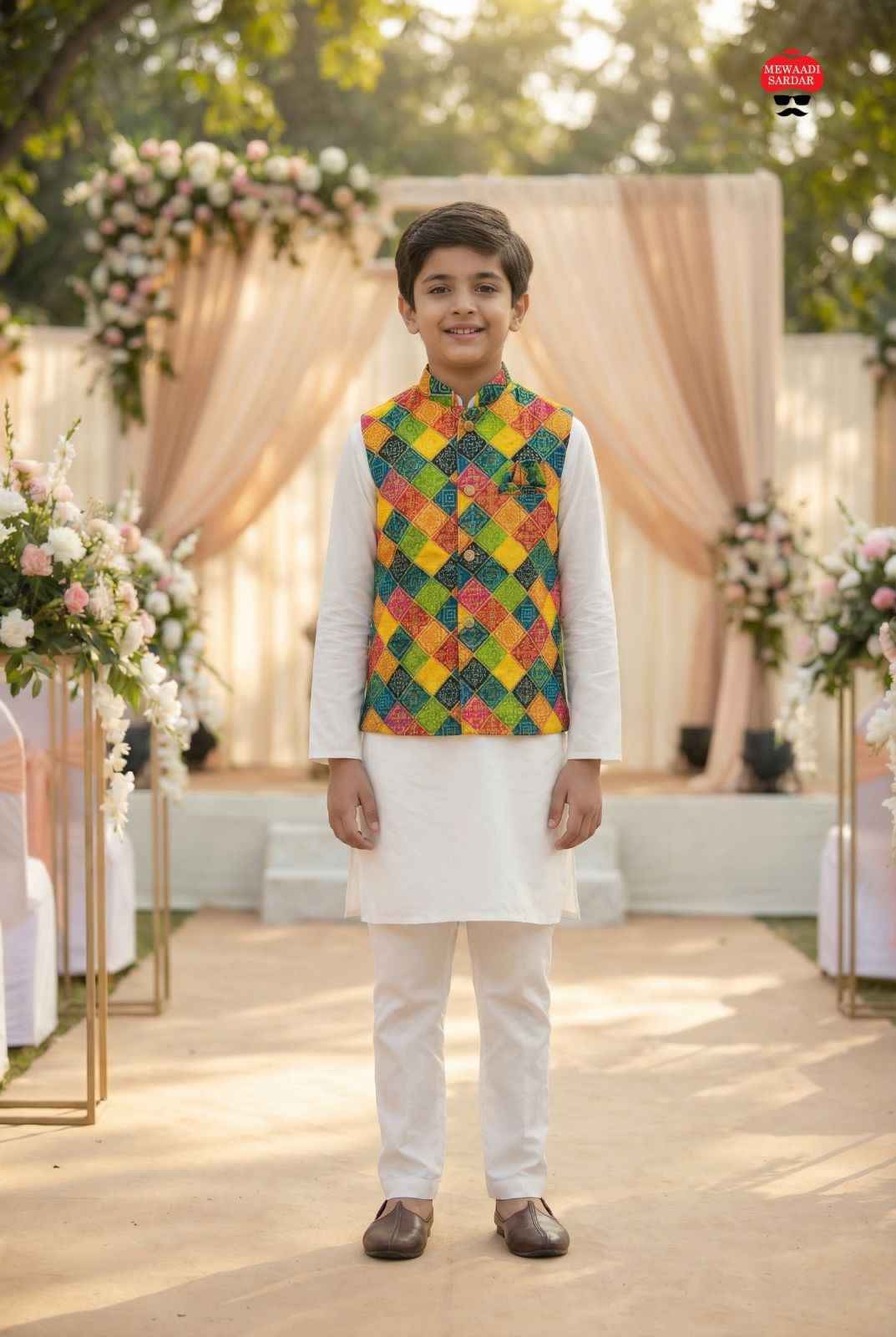 Multicolour Pure Soft Malai Satin 3 Pcs Kids Boy Kurta Pajama with Koti Jacket Set