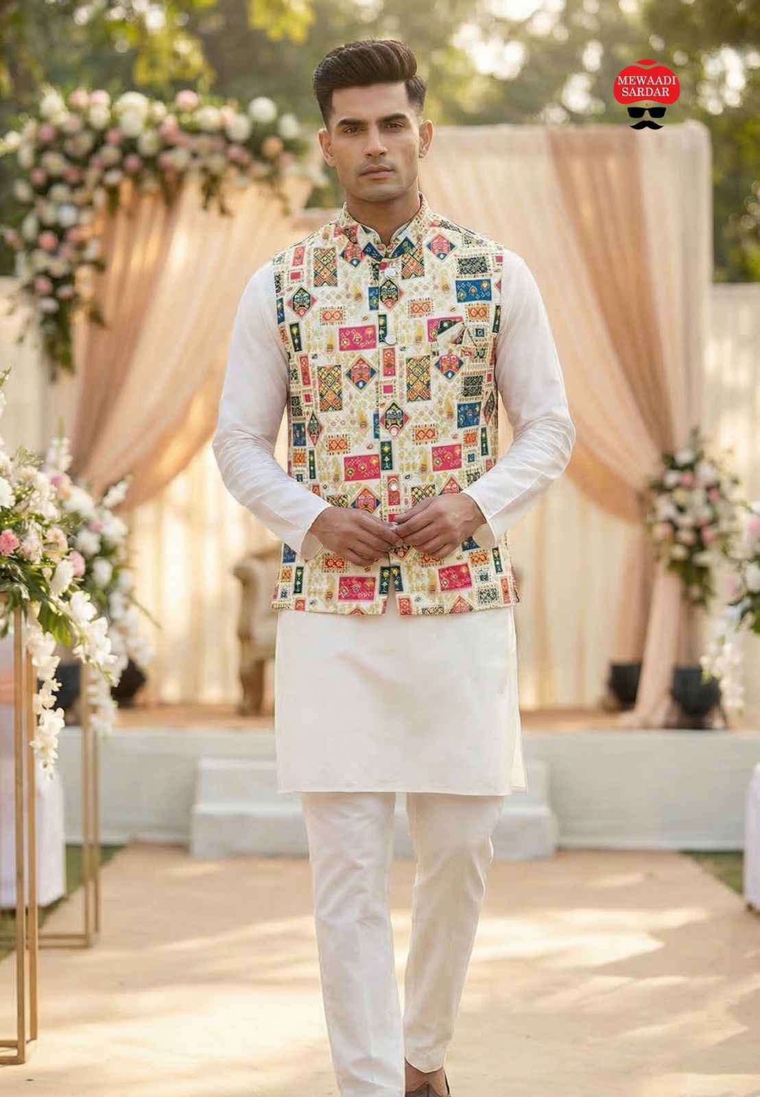 Cream Pure Soft Malai Satin 3 Pcs Kurta Pajama with Koti Jacket Set