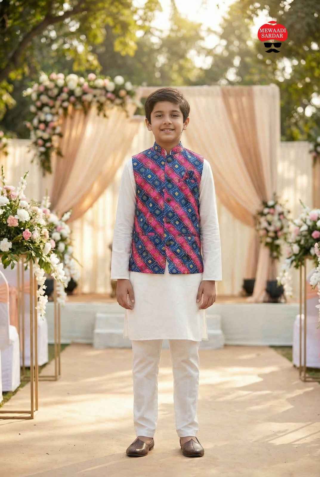 Purple Pure Soft Malai Satin 3 Pcs Kids Boy Kurta Pajama with Koti Jacket Set