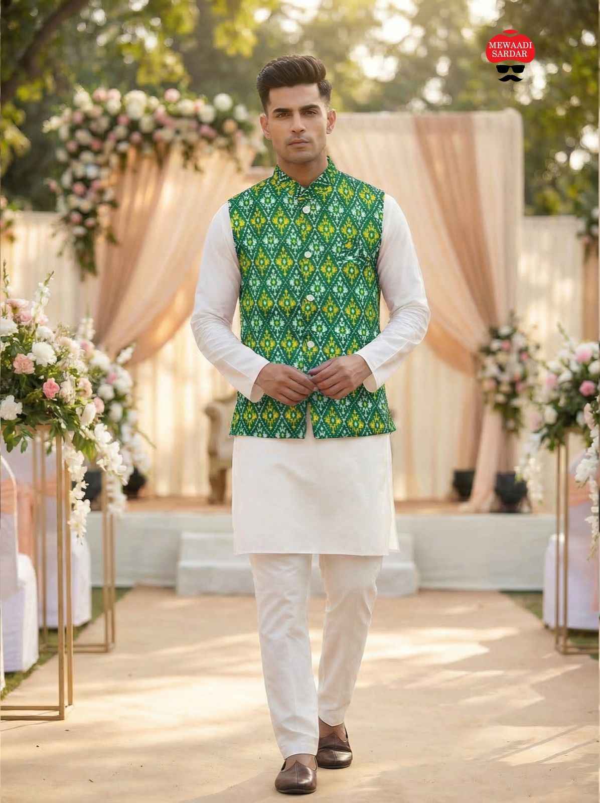 Green Pure Soft Malai Satin 3 Pcs Kurta Pajama with Koti Jacket Set