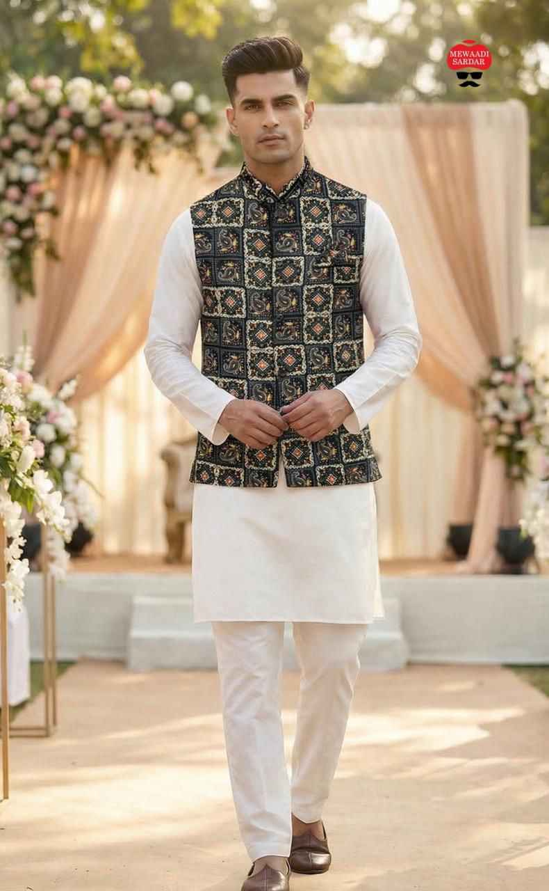 Black Pure Soft Malai Satin 3 Pcs Kurta Pajama with Koti Jacket Set