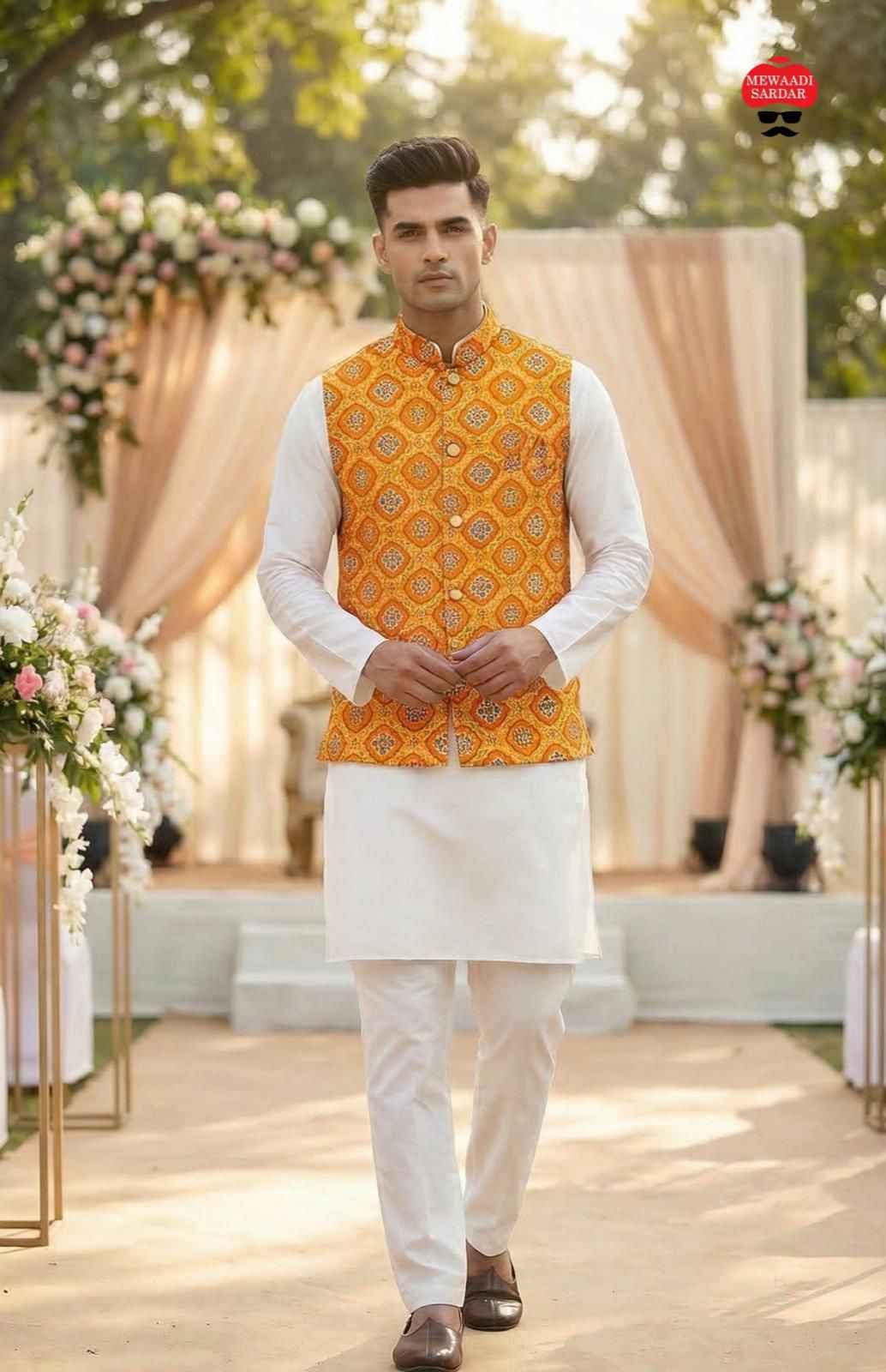 Yellow Pure Soft Malai Satin 3 Pcs Kurta Pajama with Koti Jacket Set
