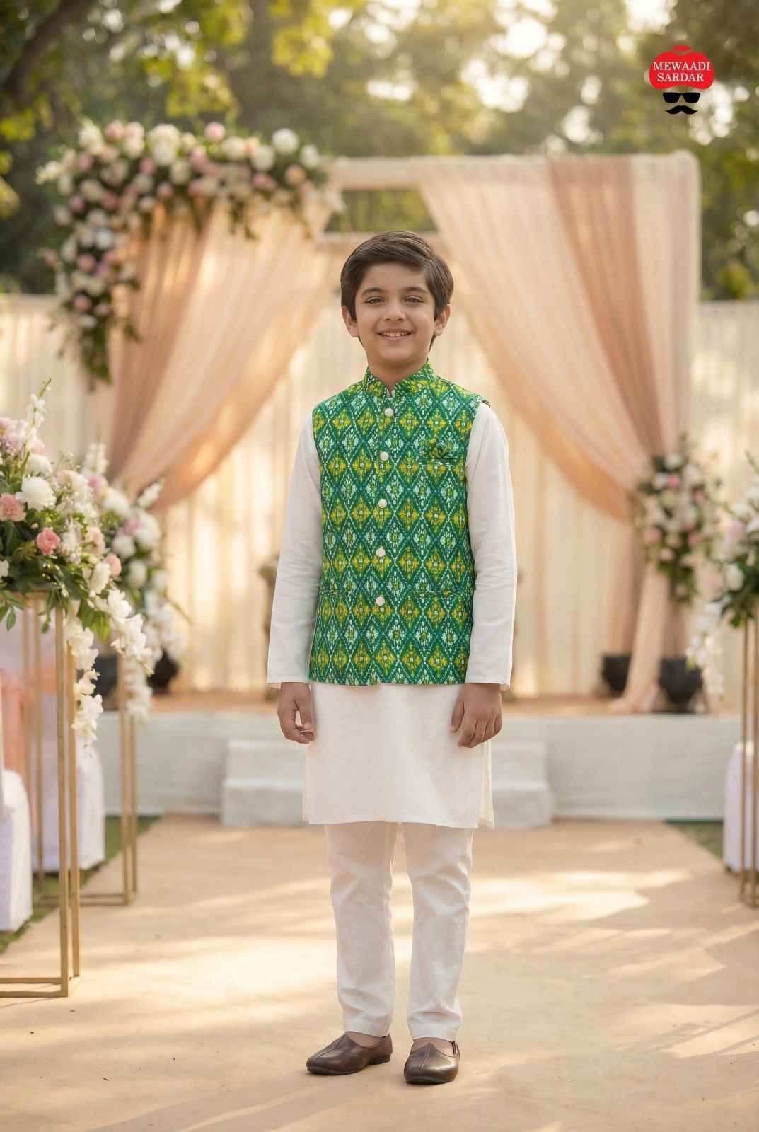 Green Pure Soft Malai Satin 3 Pcs Kids Boy Kurta Pajama with Koti Jacket Set