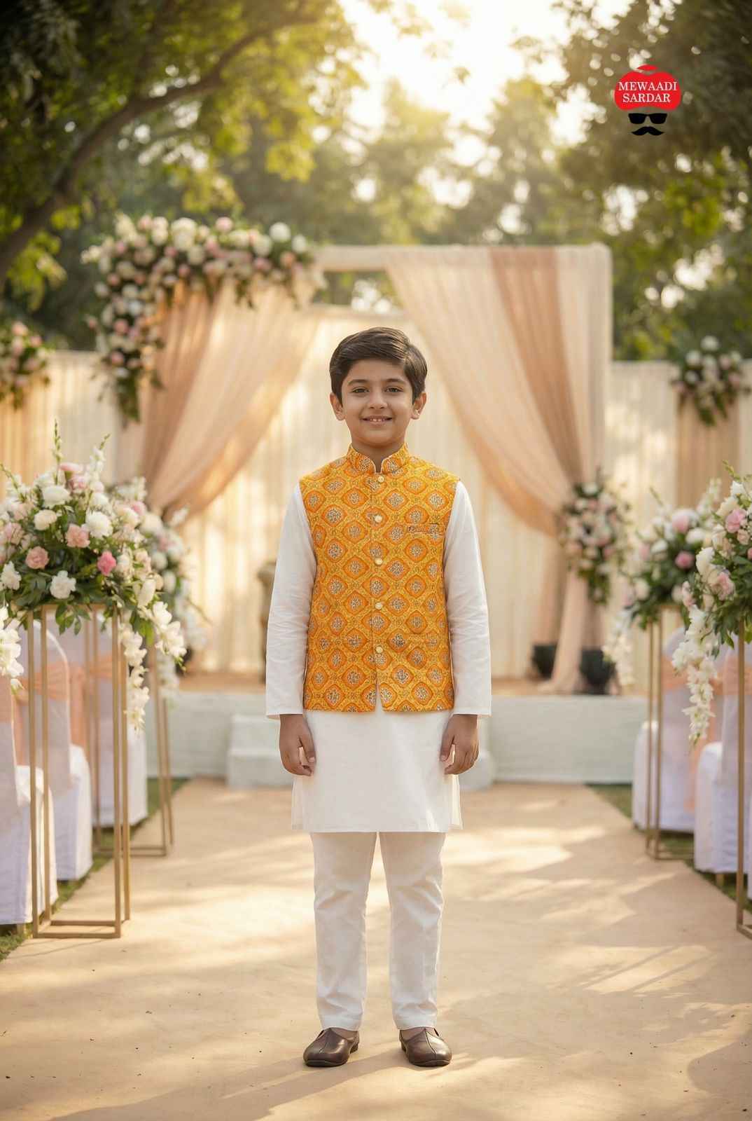 Yellow Pure Soft Malai Satin 3 Pcs Kids Boy Kurta Pajama with Koti Jacket Set