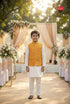 Yellow Pure Soft Malai Satin 3 Pcs Kids Boy Kurta Pajama with Koti Jacket Set