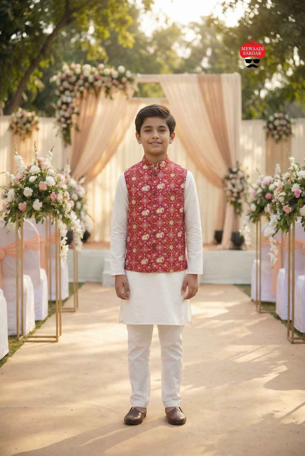 Red Pure Soft Malai Satin 3 Pcs Kids Boy Kurta Pajama with Koti Jacket Set