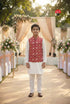 Red Pure Soft Malai Satin 3 Pcs Kids Boy Kurta Pajama with Koti Jacket Set
